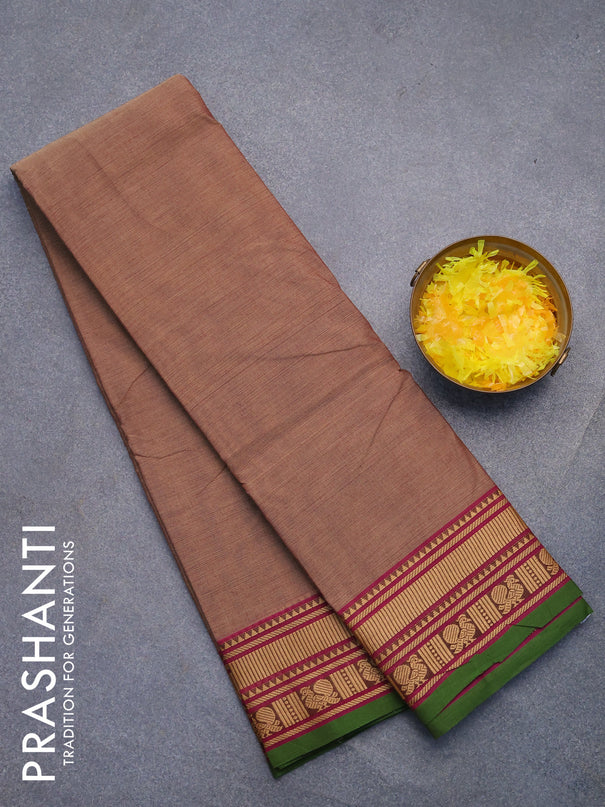 Chettinad cotton saree chikku shade and green with plain body and thread woven border without blouse