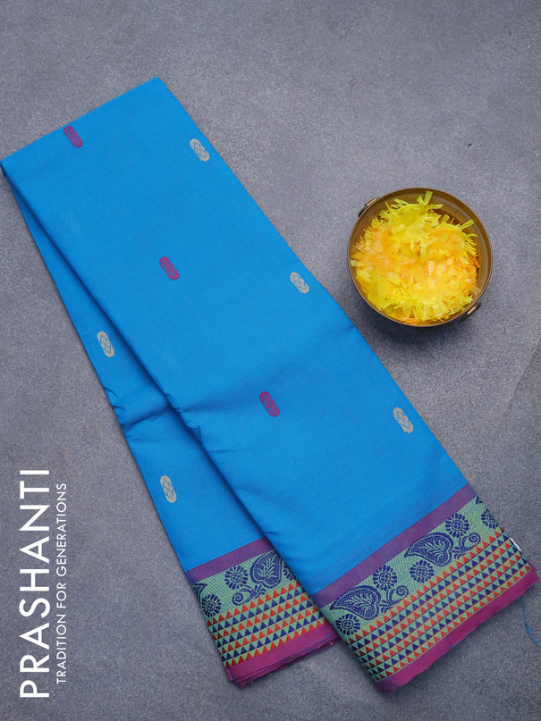 Chettinad cotton saree cs blue and magenta pink with thread woven buttas and thread woven border without blouse