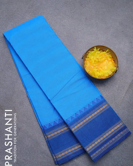 Chettinad cotton saree blue and peacock blue with plain body and rettapet thread woven border without blouse
