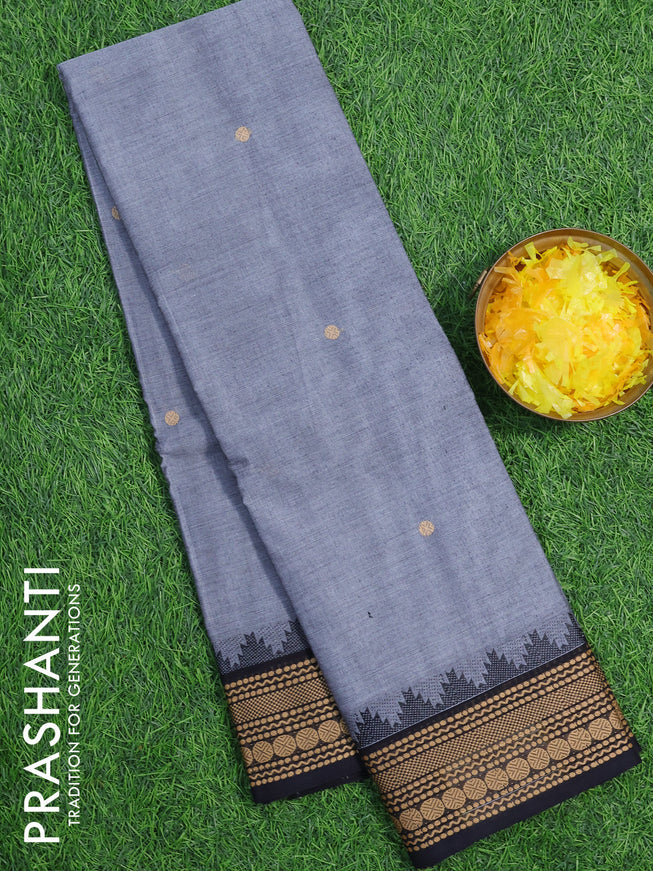 Chettinad cotton saree grey and black with thread woven buttas and thread woven border without blouse