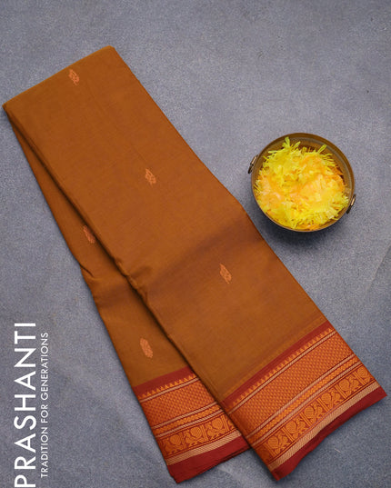 Chettinad cotton saree dark mustard and maroon with thread woven buttas and thread woven border without blouse