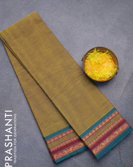 Chettinad cotton saree mehendi green and peacock green with plain body and thread woven border without blouse