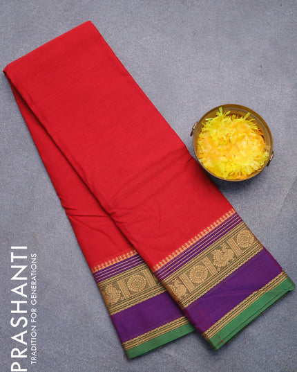 Chettinad cotton saree red and green with plain body and thread woven border without blouse