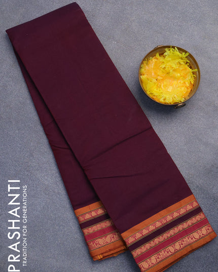 Chettinad cotton saree deep jamun shade and mustard yellow with plain body and thread woven border without blouse