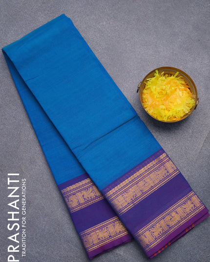 Chettinad cotton saree blue and dual shade of purple with plain body and rettapet zari woven border without blouse