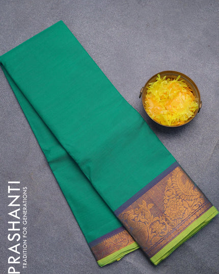 Chettinad cotton saree teal green and light green with plain body and annam zari woven border without blouse