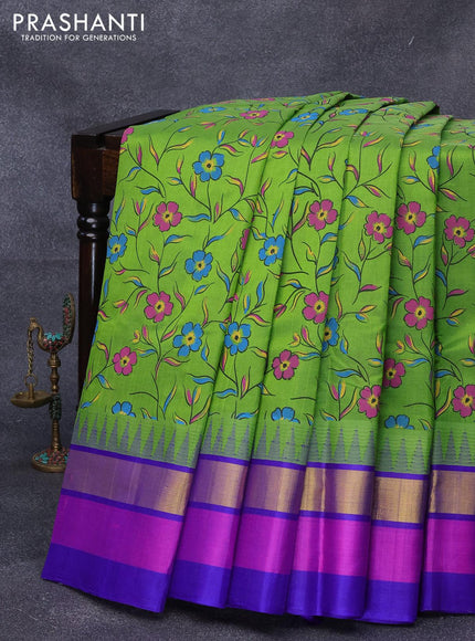 Silk cotton saree light green and blue with floral prints and temple design zari woven simple border