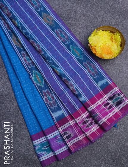 Bengal soft cotton saree cs blue and purple with allover checked pattern and ikat woven border