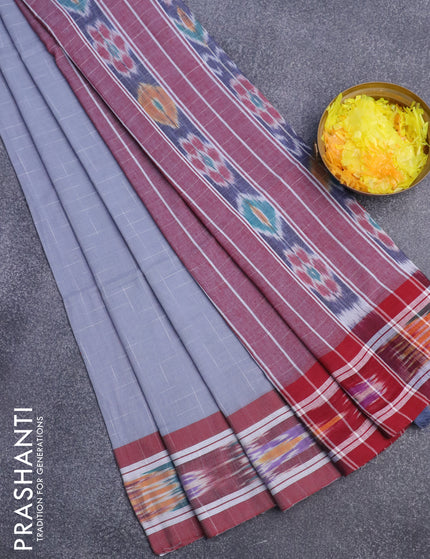 Bengal soft cotton saree grey and maroon with allover checked pattern and ikat woven border