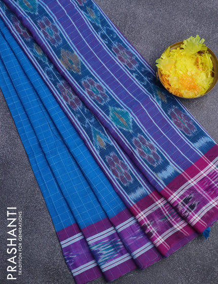 Bengal soft cotton saree cs blue and purple with allover checked pattern and ikat woven border