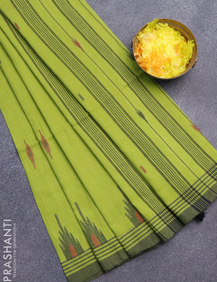 Bengal soft cotton saree light green and black with thread woven buttas and simple border