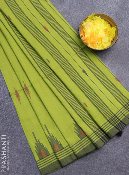 Bengal soft cotton saree light green and black with thread woven buttas and simple border