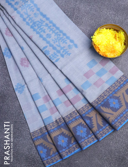 Bengal soft cotton saree grey and blue with allover ikat buttas and thread woven border