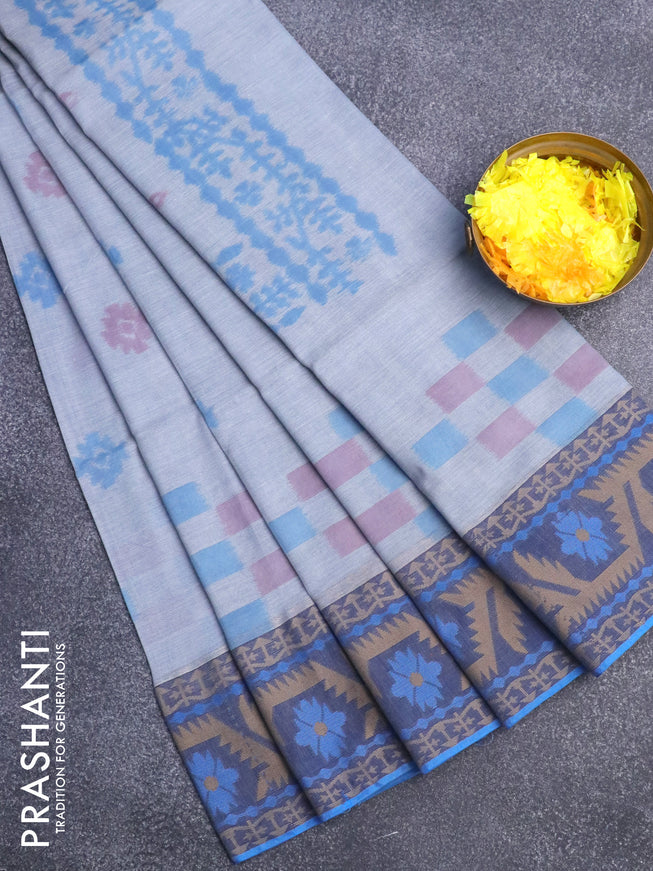 Bengal soft cotton saree grey and blue with allover ikat buttas and thread woven border