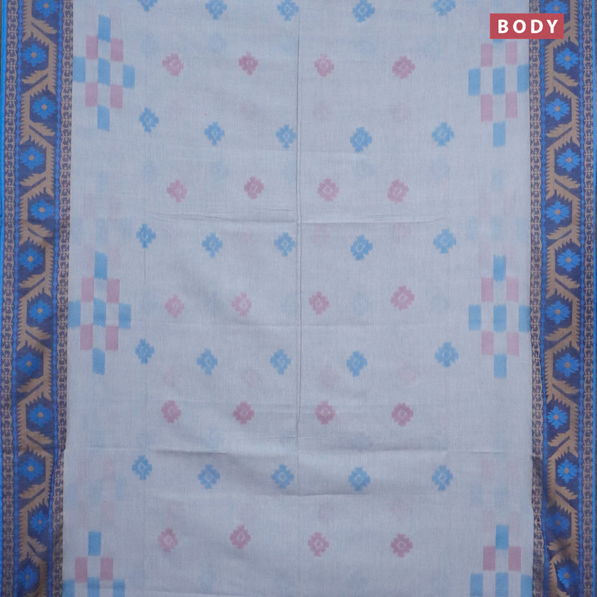 Bengal soft cotton saree grey and blue with allover ikat buttas and thread woven border