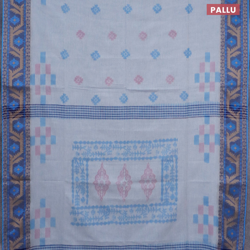 Bengal soft cotton saree grey and blue with allover ikat buttas and thread woven border