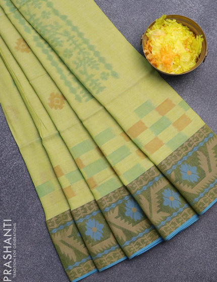 Bengal soft cotton saree pista green and blue with allover ikat buttas and thread woven border