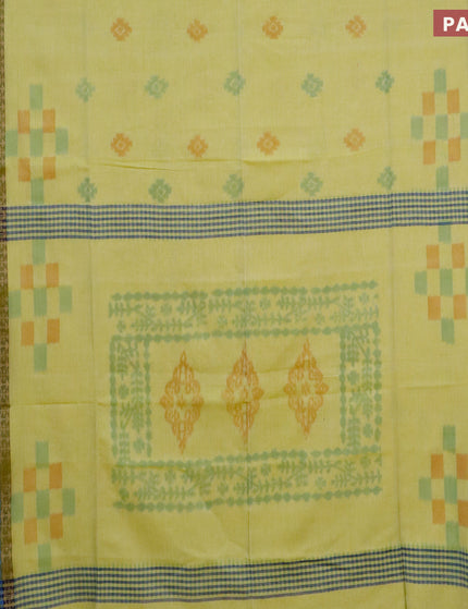 Bengal soft cotton saree pista green and blue with allover ikat buttas and thread woven border