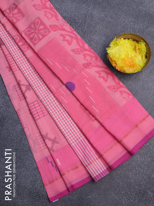 Bengal soft cotton saree light pink with allover ikat weaves and simple border