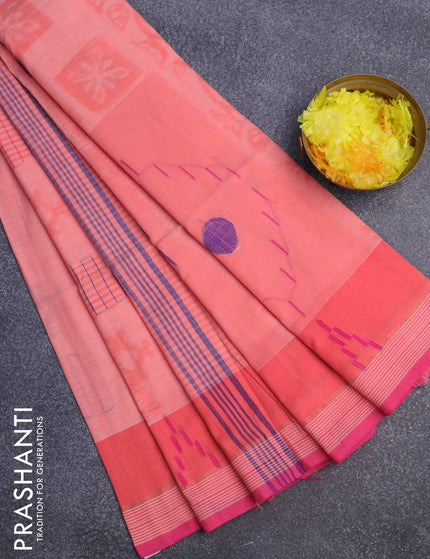 Bengal soft cotton saree peach pink with allover ikat weaves and simple border