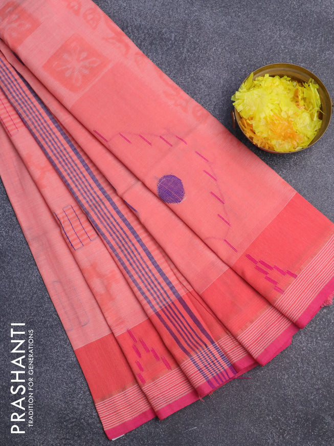 Bengal soft cotton saree peach pink with allover ikat weaves and simple border