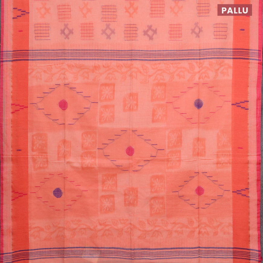 Bengal soft cotton saree peach pink with allover ikat weaves and simple border