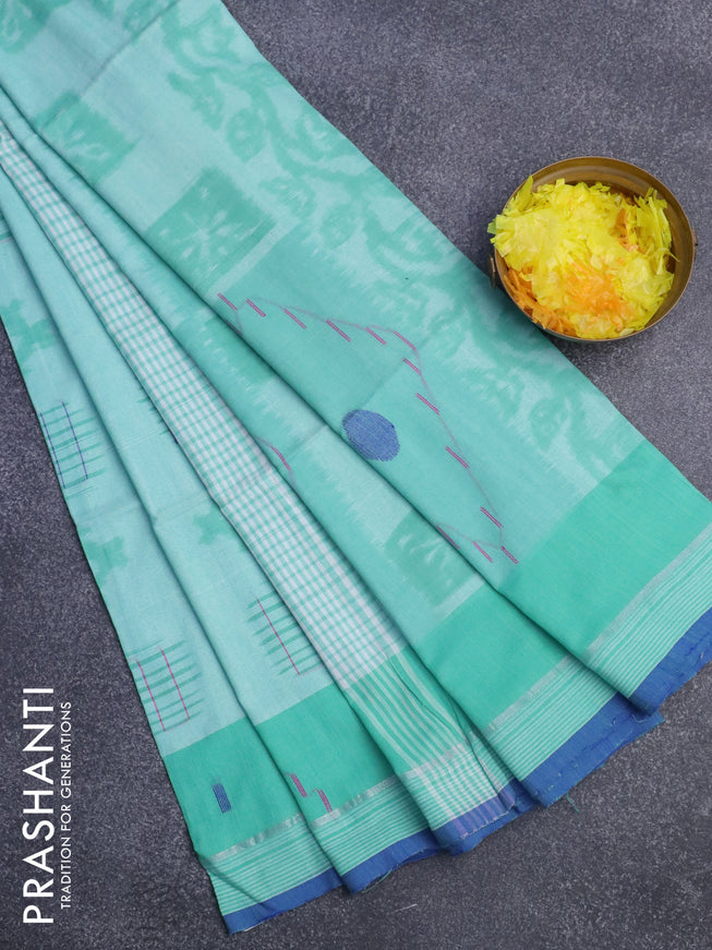 Bengal soft cotton saree teal blue with allover ikat weaves and simple border