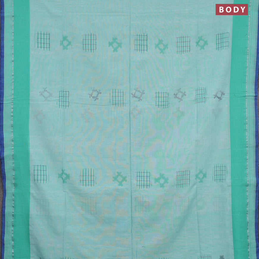 Bengal soft cotton saree teal blue with allover ikat weaves and simple border