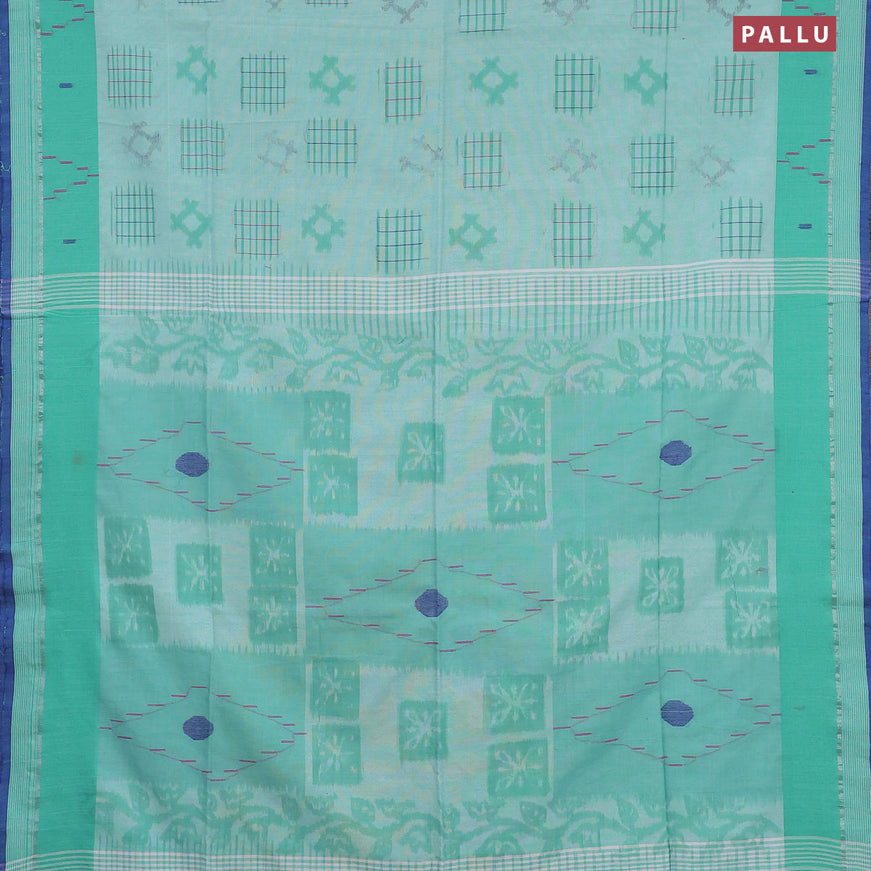 Bengal soft cotton saree teal blue with allover ikat weaves and simple border