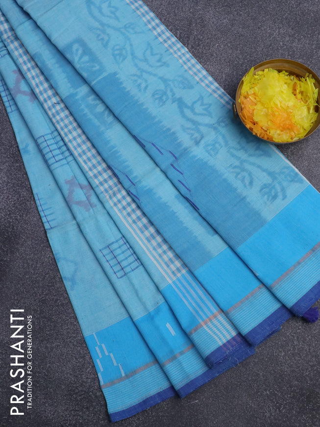 Bengal soft cotton saree light blue with allover ikat weaves and simple border