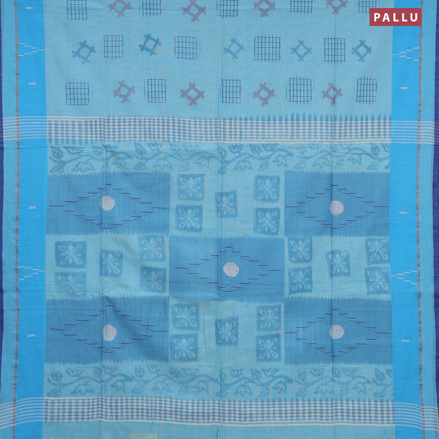 Bengal soft cotton saree light blue with allover ikat weaves and simple border