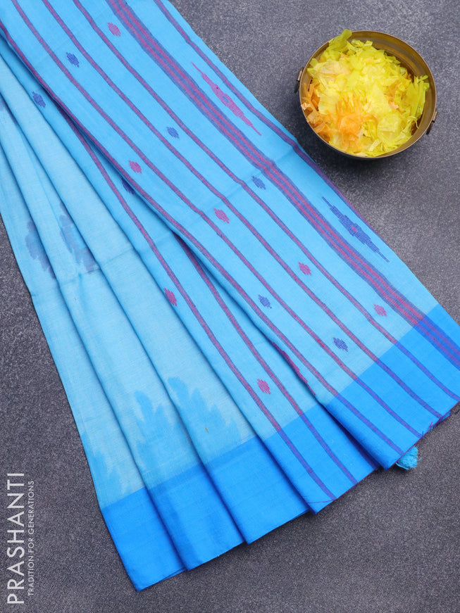 Bengal soft cotton saree light blue and blue with allover ikat butta weaves and simple border