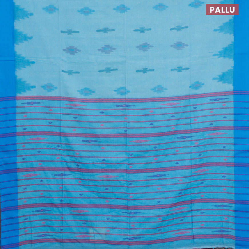 Bengal soft cotton saree light blue and blue with allover ikat butta weaves and simple border