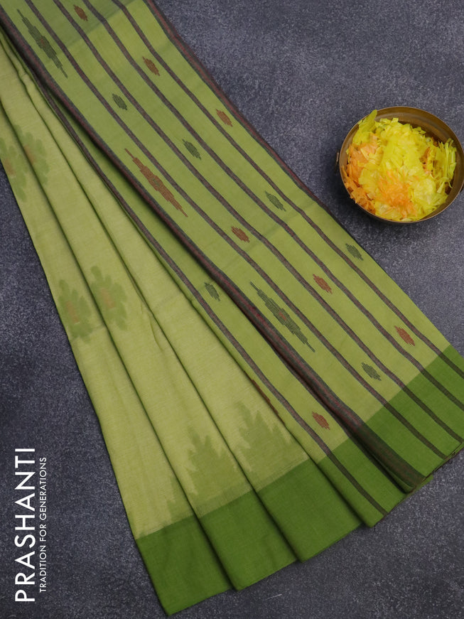 Bengal soft cotton saree light green and green with allover ikat butta weaves and simple border