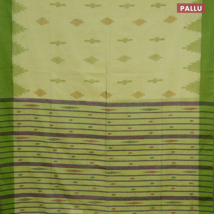 Bengal soft cotton saree light green and green with allover ikat butta weaves and simple border