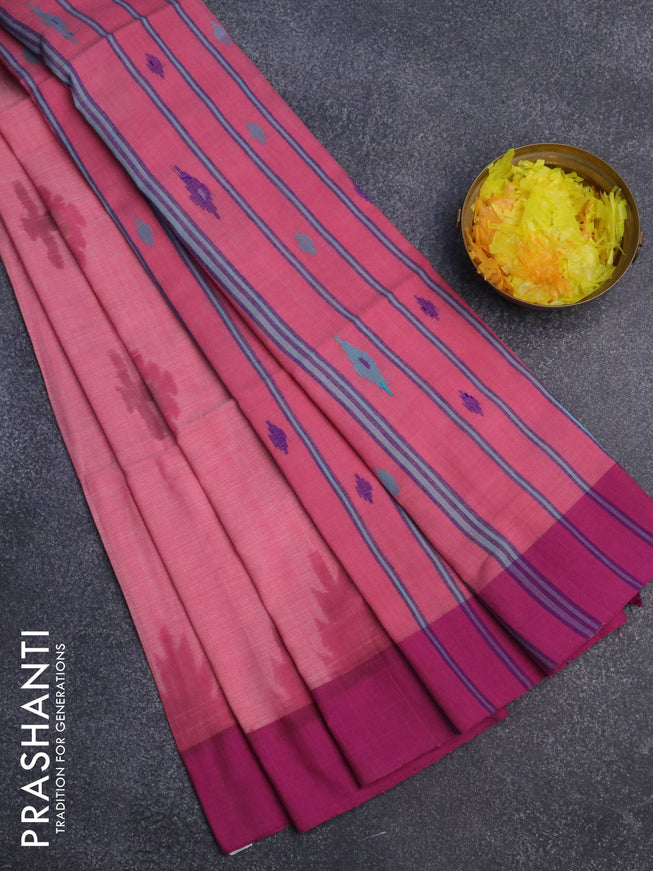 Bengal soft cotton saree peach pink and purple with allover ikat butta weaves and simple border