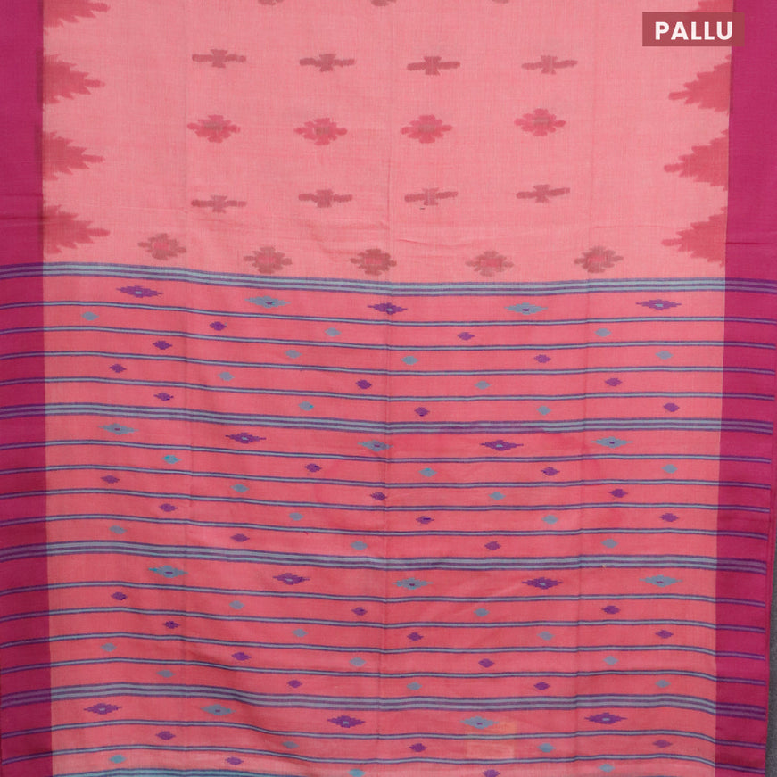 Bengal soft cotton saree peach pink and purple with allover ikat butta weaves and simple border