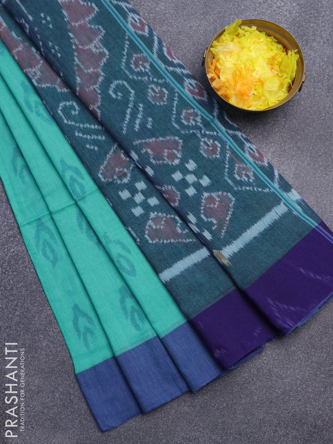 Bengal soft cotton saree teal blue and blue with allover ikat butta weaves and simple border