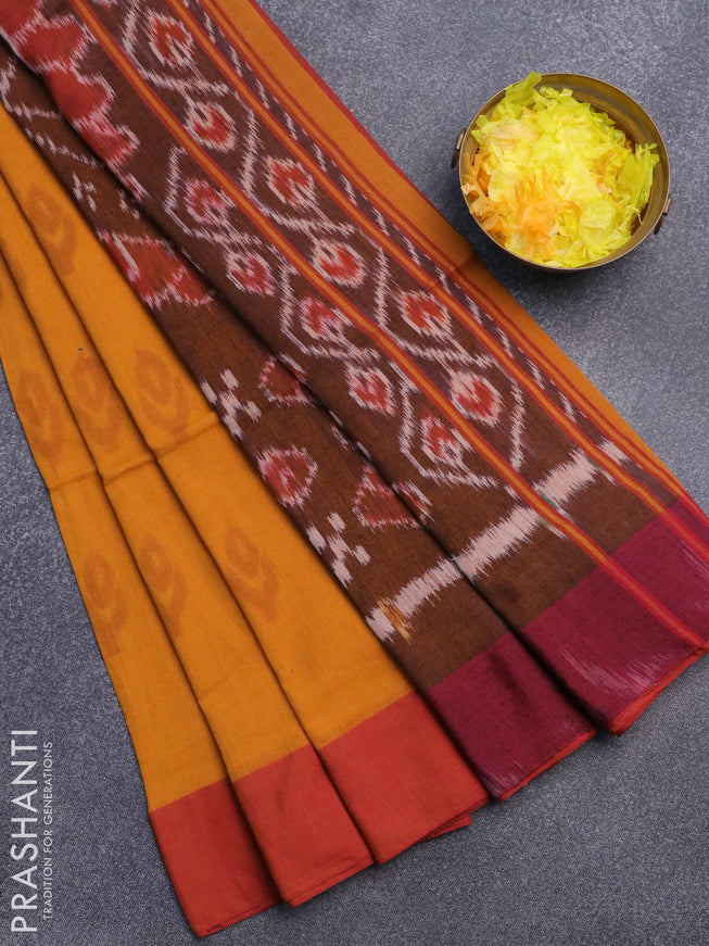 Bengal soft cotton saree dark mustard and maroon with allover ikat butta weaves and simple border