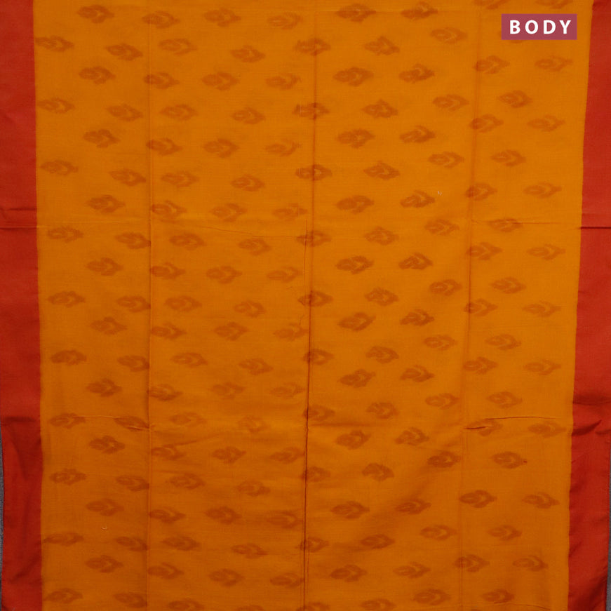 Bengal soft cotton saree dark mustard and maroon with allover ikat butta weaves and simple border