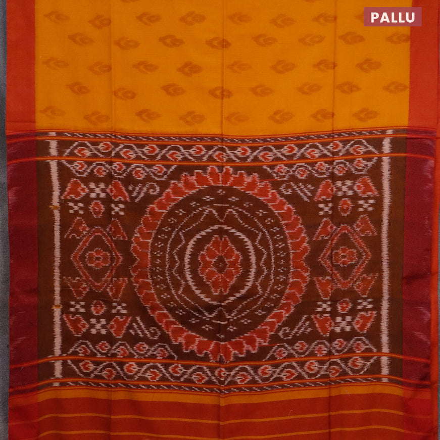 Bengal soft cotton saree dark mustard and maroon with allover ikat butta weaves and simple border