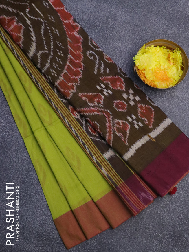 Bengal soft cotton saree light green and maroon with allover ikat butta weaves and simple border