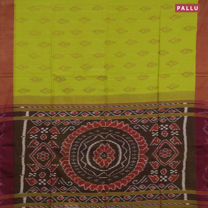 Bengal soft cotton saree light green and maroon with allover ikat butta weaves and simple border