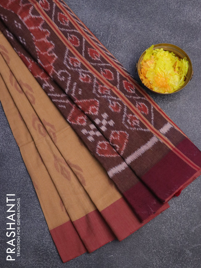 Bengal soft cotton saree sandal and maroon with allover ikat butta weaves and simple border