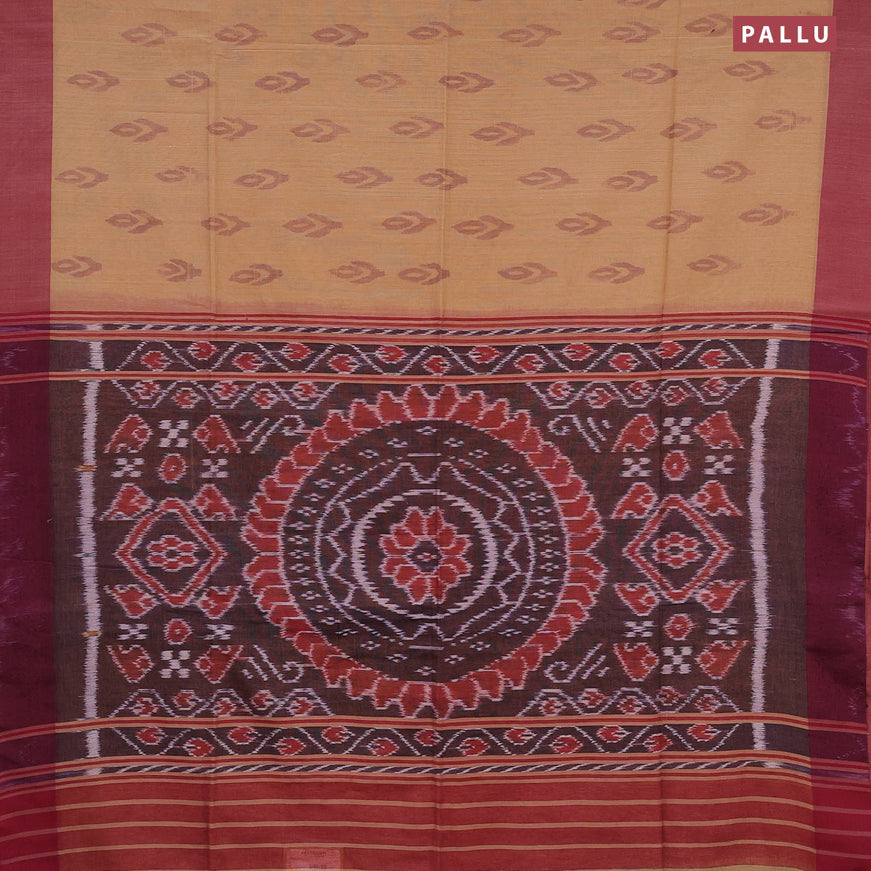 Bengal soft cotton saree sandal and maroon with allover ikat butta weaves and simple border