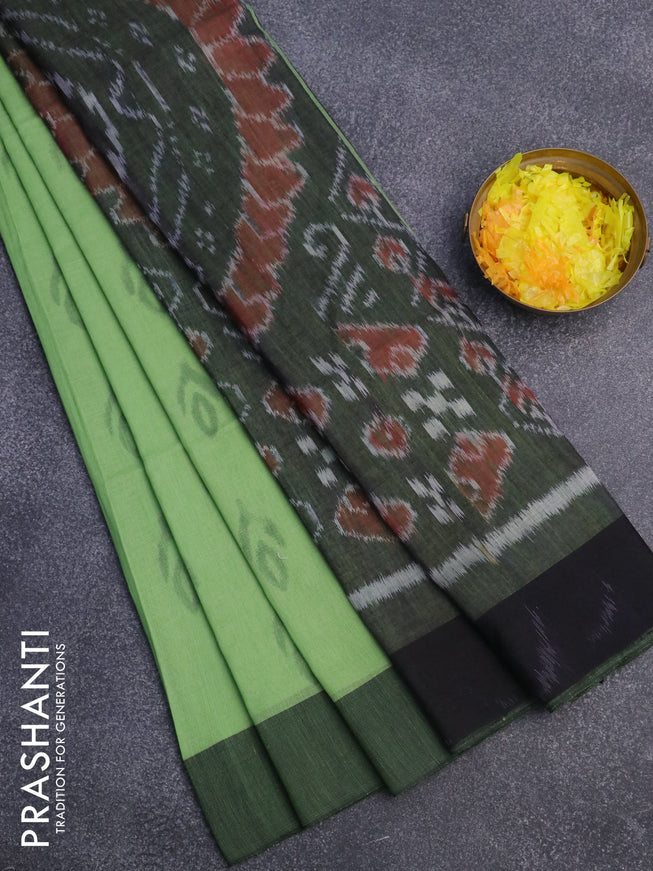 Bengal soft cotton saree light green and black with allover ikat butta weaves and simple border