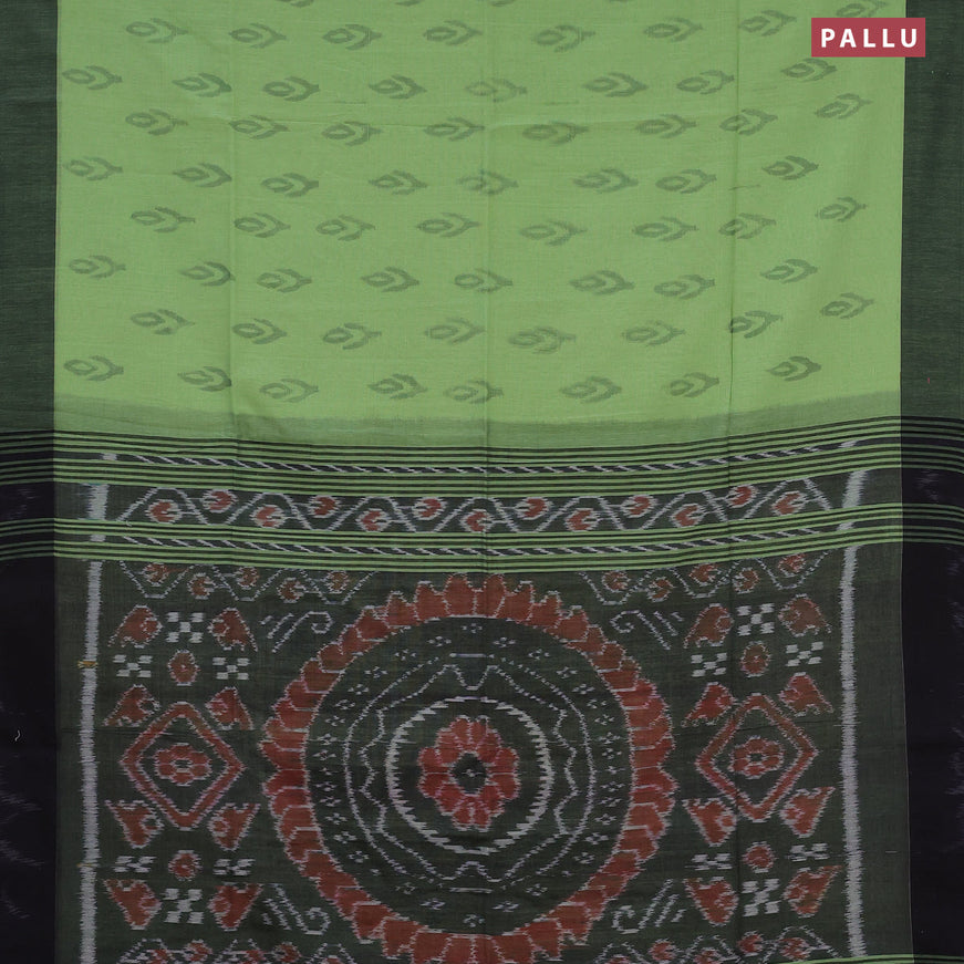 Bengal soft cotton saree light green and black with allover ikat butta weaves and simple border