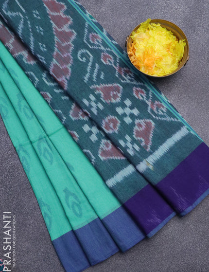 Bengal soft cotton saree teal blue and blue with allover ikat butta weaves and simple border