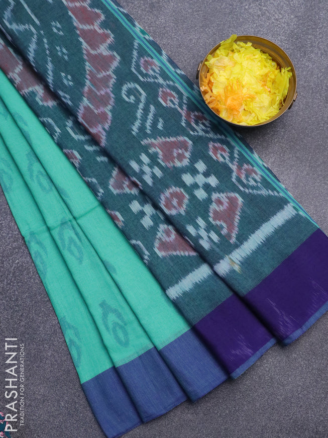 Bengal soft cotton saree teal blue and blue with allover ikat butta weaves and simple border