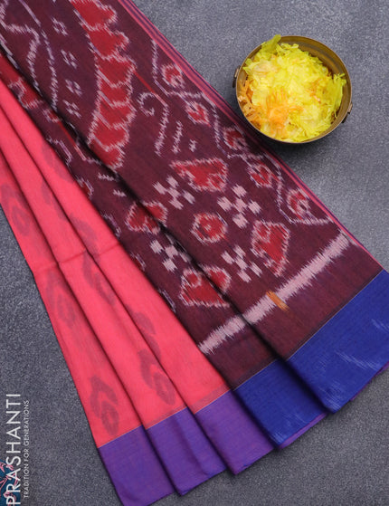 Bengal soft cotton saree peach shade and blue with allover ikat butta weaves and simple border